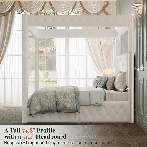 Jocisland Queen Canopy Bed Frame Velvet Upholstered Headboard, Cream | 74.8" Tall Four Poster, Deep-tufted velvet, 51.2" headboard, USB-A & USB-C outlets, No box spring needed, 45-min assembly thumbnail 4