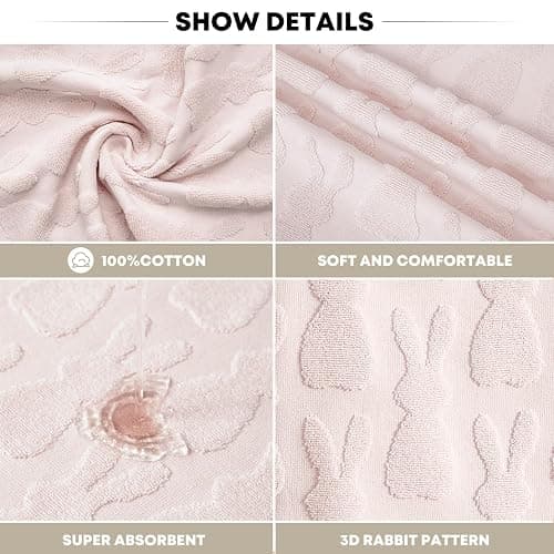 Artoid Mode 2 Pcs Pink 3D Rabbit Jacquard Easter Hand Towels for Bathroom, 100% Cotton Soft Absorbent Bathroom Decor Towels, 13.7 x 29.5 Inch thumbnail 8