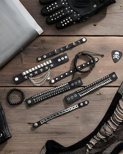 Hicarer 9 Pieces Spiked Studded Bracelet Black Leather Rivet Punk Bracelet Cuff Wrap Bangle Snap Button Metal Wristband for Men Women thumbnail 6