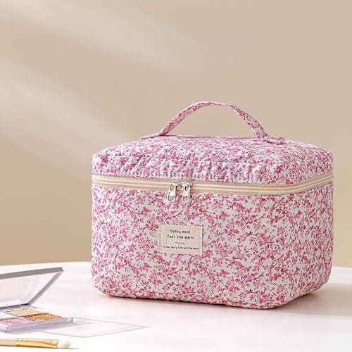 HBselect Quilted Makeup Bag, 3PCS Cotton Large Travel Makeup Bag, Cute Floral Coquette Make up Bag Cosmetic Bag Toiletry Bag for Women Girls thumbnail 5