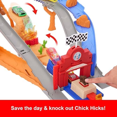 Mattel Disney and Pixar Cars Toy Playset, Lightning McQueen & Chicks Hicks & 2 Pitty Crew Vehicles, 2 Ways to Race, Race & Rescue Rescue Road Raceway thumbnail 7