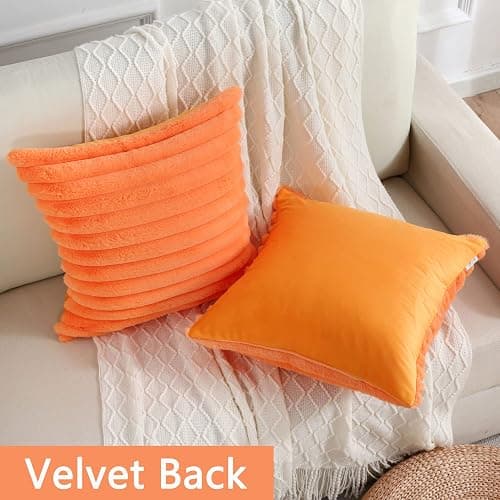 FUTEI Orange Striped Decorative Throw Pillow Covers 14x14 Inch Set of 2,Square Spring Decorations Couch Pillow Case,Soft Cozy Faux Rabbit Fur & Velvet Back,Modern Home Decor for Bed - Orange - 14" x 14" (Pack of 2) thumbnail 3