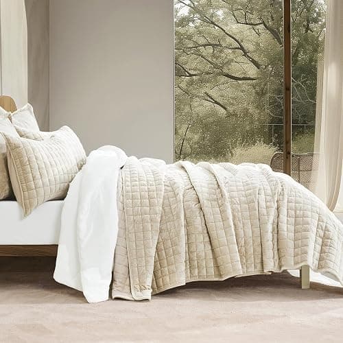 RECYCO Luxury Velvet Quilt Set, California King 118'' x 106'' Oversized Bedspread, Ultra Soft Velvet Comforter, Lightweight Box Stitch Bedding Sets for All Season, with 2 Shams, Beige thumbnail 2