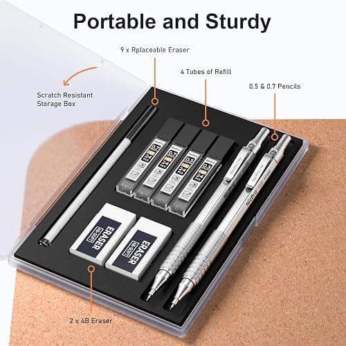 Nicpro 2 Pièces Porte Mines Métal avec étui, Crayon Mécanique Automatique 0,5 mm et 0,7 mm avec Recharge de Mines HB, Gommes, Porte Mine pour l'écriture Artistique, le Dessin, le Croquis(Argent) thumbnail 7