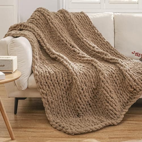 WESHIONGOO Chunky Knit Blanket Throw 51"×63" Knitted Throw Blankets for Couch Bed Fluffy Soft Blanket with Jumbo Chenille Yarn Thick 100% Handmade (Brown) - Image 1