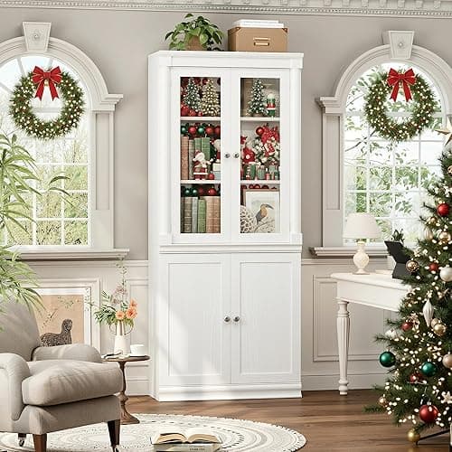 FACBOTALL 71.3'' Tall Bookcase with Glass Doors, Farmhouse Book Shelf with Adjustable Shelf, Tall Bookshelf with Storage, Bookshelves and Bookcases with 5 Tier Display Storage for Living Room, White - Image 1