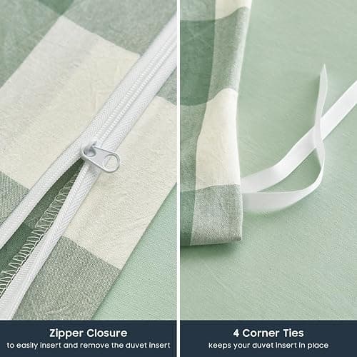 Wake In Cloud - Gingham Cotton Duvet Cover Set, Plaid Buffalo Check Checkered Farmhouse, 100% Washed Cotton Textured Percale Bedding Set, 3 Pieces, Green White, Full Size thumbnail 7