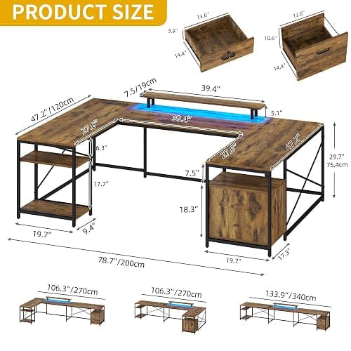 DWVO U Shaped Desk with Drawers, 79" Reversible L Shaped Desk with Power Outlets & LED Lights, Corner Computer Desk with Monitor Stand & Storage Shelves, Rustic Brown thumbnail 2