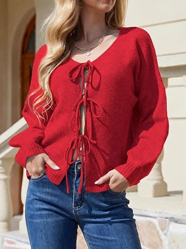 UNCLECAT Womens Bow Tie Front Cardigan Sweaters Oversized Fall Open Front Cardigans Cute Loose Knit Tops thumbnail 4