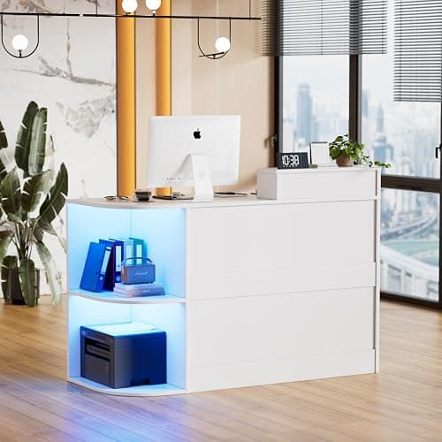 Modern Reception Desk with LED Light and Open Shelves, Front Desk with Lockable Drawers & Keyboard Tray,Reception Counter Table with Storage for Checkout, Office, Lobby, Nail Salon Spa (C.White) thumbnail 8