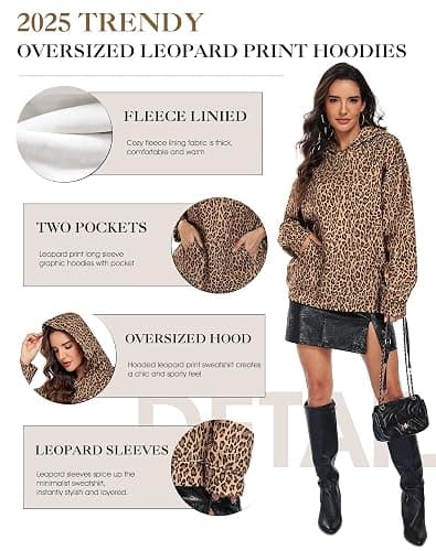 JTANIB Leopard Print Hoodie for Women Oversized Cheetah Print Hoodie 2000s Y2K Fleece Sweatshirt Pullover Long Sleeve Pocket thumbnail 4