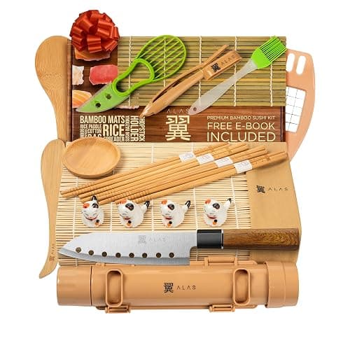 Alas Complete 20 Piece Sushi Making Set - Kit for Beginners & Pros with Knife, 2 Mats, Rice Bazooka and Dipping Plate - Image 1