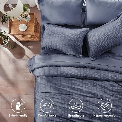 Zzlpp Queen Bedding Set 7 Pieces, Greyish Blue Seersucker, All Season Comforter Set with 1 Comforter, 2 Pillow Shams, 2 Pillowcases, 1 Flat Sheet, 1 Fitted Sheet thumbnail 3
