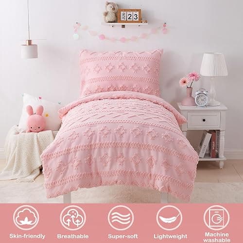 Pink Toddler Bedding Set for Girls 4-Piece Boho Tufted Toddler Comforter Set Jacquard Tufts Bed-in-a-Bag Crib Toddler Bed Sheet Set for Kids with Comforter, Flat Sheet, Fitted Sheet, Pillowcase | Toddler Bedding Set, Toddler Comforter, Toddler Sheets Set, Crib Bedding Set, Toddler Bed Set, Toddler Girl Bed Set thumbnail 8