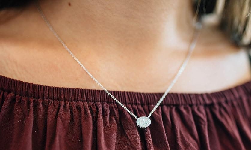 Sterling Silver Opal Necklace, 925 Sterling Silver, Small Dainty Oval Opal Jewelry for Women, Gemstone Necklaces, Womens Jewelry, Simple Rose Gold Necklaces for Women thumbnail 2
