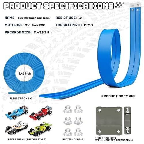 15.75 Ft Flex Track for Kids, Flexible Race Track Compatible with Hot Wheels and Diecast 1/64th Cars, Roll-Up Portable Race Car Ramp Track with Suction Cups & Track Anchors & 4 Race Cars, Blue thumbnail 6