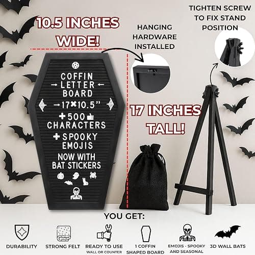 Nomnu Coffin Letter Board, Black Goth Decor with Bat Stickers Spooky Emojis | Wood and Felt board 17x10.5 inches +650 characters 80+ spooky gothic seasonal emojis, sawtooth hanger. Tabletop Stand thumbnail 4