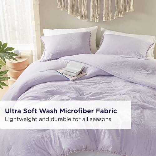 Codi Lavender Purple Boho Twin Comforter Set for Girls, Aesthetic Pom Fringe Design Cute Bedding, Soft Washed Microfiber Bed Sets, Lightweight Chic,1 Comforter & 1 Pillowcase thumbnail 4