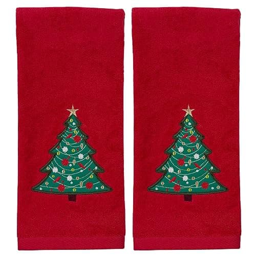 Serafina Home Christmas Red Bathroom Hand Towels, 2 pc Set, 16 x 25, Elegant Christmas Tree, 100% Cotton Velour Terry, Holiday Decor for Bath and Kitchen - Image 1