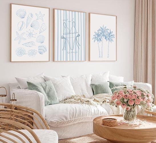 Blue Coastal Bikini Shells Canvas Wall Art Trendy Swimsuit Beach Aesthetics Painting Picture Wall Decor Preppy Coastal Print Artwork for Hallway Bedroom And Living Home Decoration【UNFRAMED】 thumbnail 3