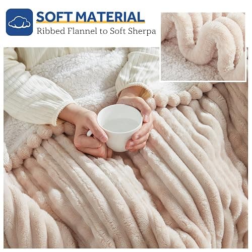 SEALY Electric Blanket Heated Throw, Soft Cozy Ribbed Flannel to Sherpa Reversible Safe Heating with 6 Heat Settings & 2-10 Hours Auto-Off Over-Heat Protection, Machine Washable, 50"x60" Beige thumbnail 5