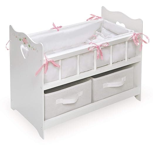 Badger Basket Wooden Doll Bed with Storage Baskets & Pillows - White/Rose | Fits 18–20" dolls; includes bedding, 2 storage baskets, wood construction & personalization decal kit. - Image 1