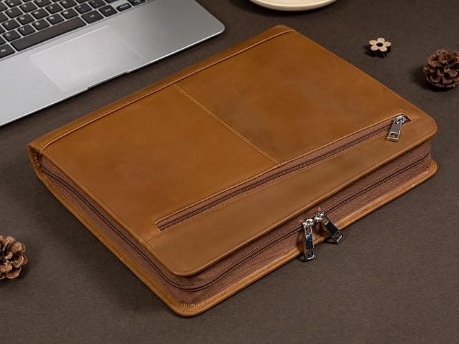 AZXCG Leather Portfolio Organizer for Men, Professional Padfolio Folio with A4/Legal Pad Holder, Business Resume Zippered Portfolio, Tablet Case for iPad Pro 12.9", Gift for Women/Men, Brown thumbnail 4