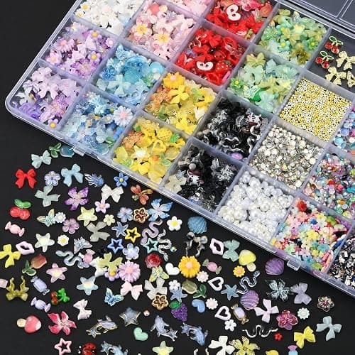 OPMADM 9000 Pcs 3D Nail Charms and Gems Bulk Y2k Cute Charms for Nails Design Kit 110 Styles Colorful Rhinestones Bows Butterfly Flower Star Beads Pearls Bubble thumbnail 3