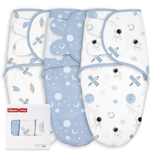 GLLQUEN BABY 3-Pack Baby Swaddle Sack for Newborns 0-3 Months, Adjustable Swaddle Wrap to Prevent Startle Reflex, Soft Breathable Sleep Sack for Boys & Girls, Space & Moon Pattern, Baby Essentials - Image 1
