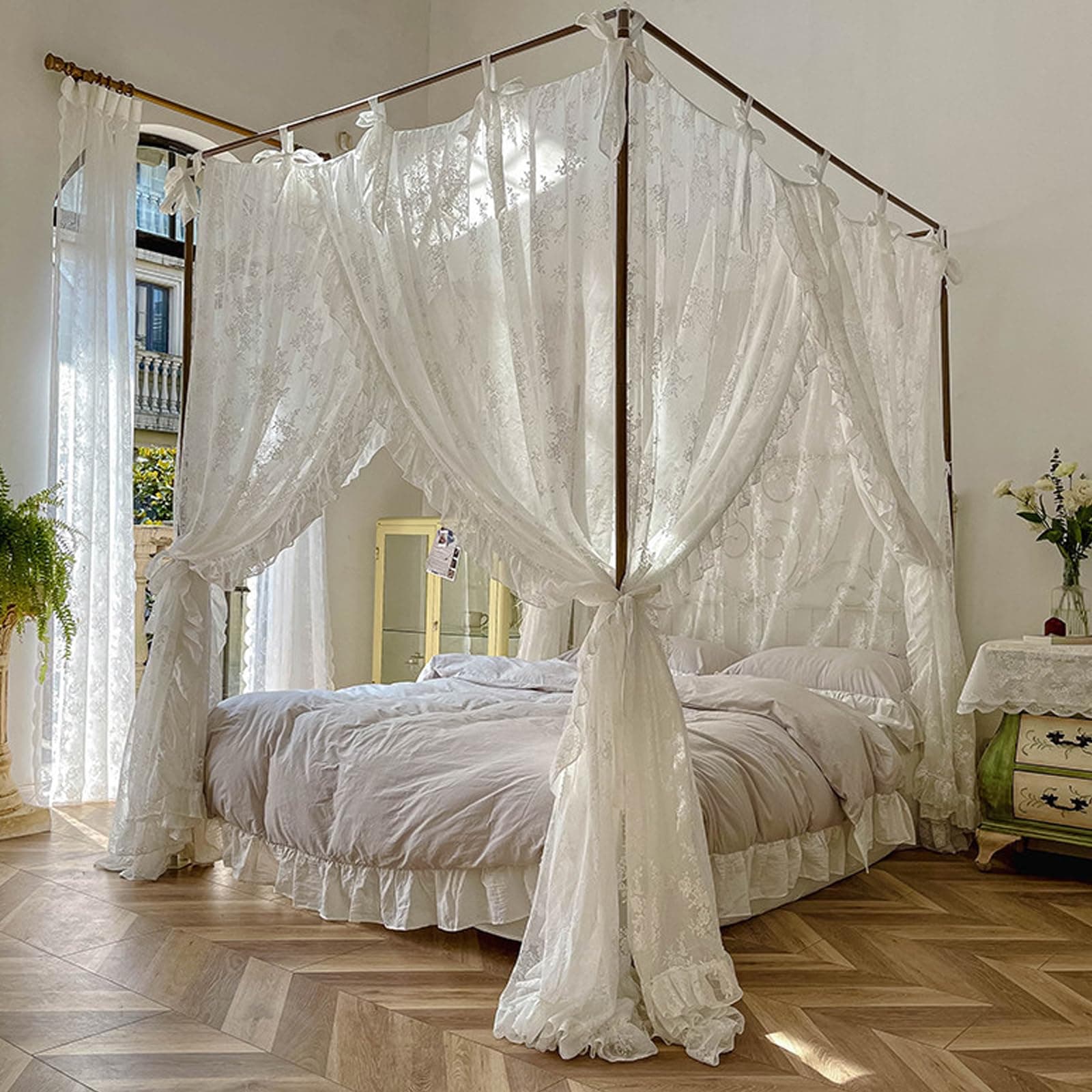 Canopy Bed Curtains Three-Opening Lace Princess Bed Canopy 4 Corner Post Hanging Curtains with Ties Fit 4.92ft thumbnail 7