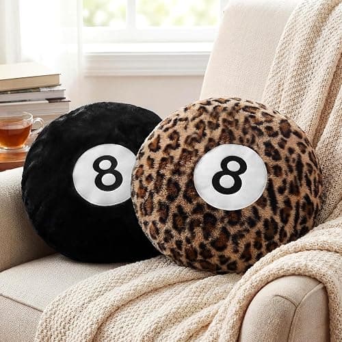 Yousoontic 2 Pcs Black and Cheetah 8 Ball Throw Pillow 14" Leopard Print 8 Ball Pillow Round Plush Decorative Cushion, Soft Trendy Throw Pillows for Bedroom Living Room Decor - Image 1