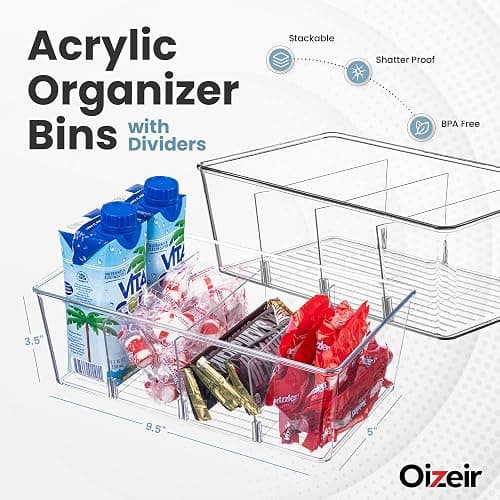 Oizeir Clear Pantry Organizer Bins 8-Pack - Fridge Organizer with 3 Removable Dividers, Ideal for Kitchen, Pantry, Refrigerator, Freezer, and Snack Storage thumbnail 2