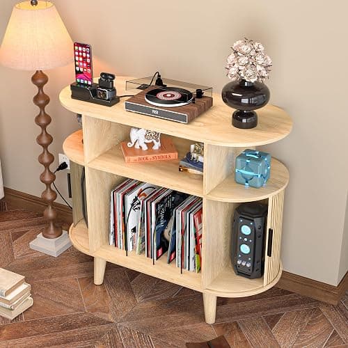 LUVIOHOME Large Round Record Player Stand with Charging Station & USB Ports，Record Storage Cabinet, Mid Century Modern Turntable Stand for Bedroom Living Room (Small Oak) thumbnail 5