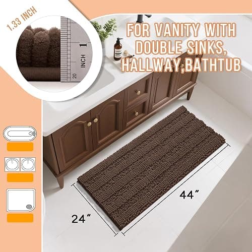 Yimobra Bathroom Rug Mat 44 x 24, Non Slip and Super Absorbent Bath Mat,Machine Washable Quick Dry,Ultra Plush Chenille Shower Rugs for Bathroom Floor Sink Tub and Shower Outside,Brown thumbnail 3