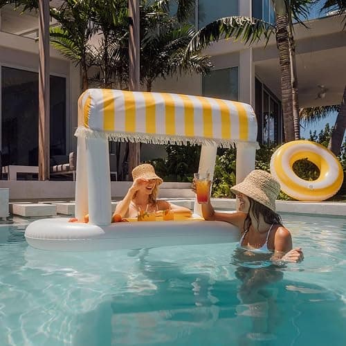 Giant Floating Yellow Cabana Stripe Drink Station, Removable Fabric Shade with Fringe, Perfect for Parties, Table-Top Decorations and in-Pool Refreshments. thumbnail 2