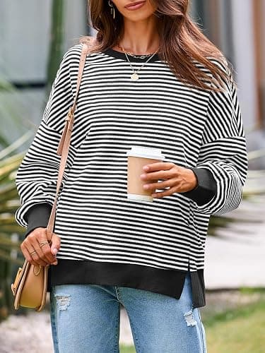 Fisoew Women's Fall Oversized Sweatshirt Casual Waffle Knit Long Sleeve Crewneck Split Pullover Tunic Tops thumbnail 2