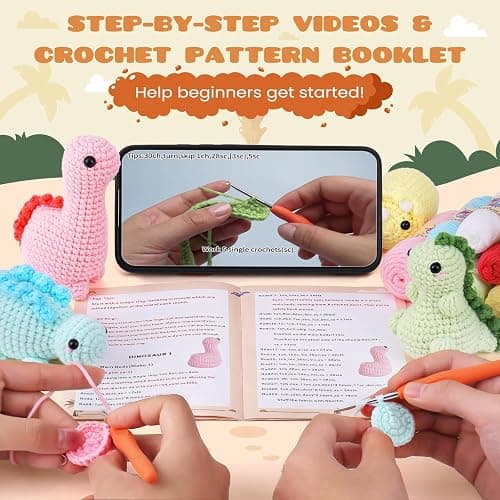 Crochet Kit for Beginners, Beginner Crochet Kit for Adults with Step-by-Step Video Tutorials, DIY Crochet Animal Kits Kids Knitting Supplies, 4 Pack Dinosaurs (40%+ Yarn) Knitting Patterns thumbnail 3
