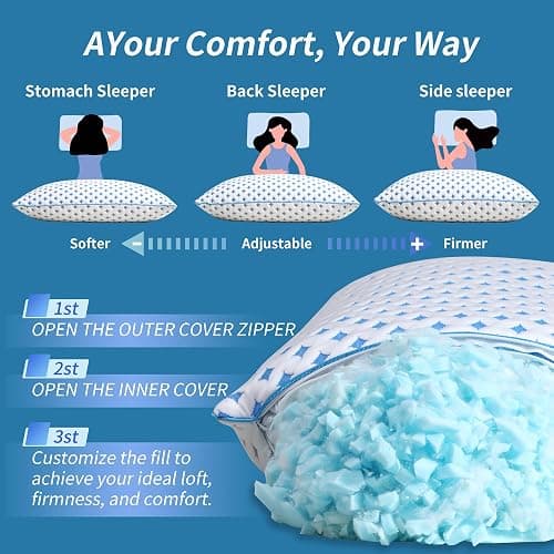 LOVELYREST Queen Pillow 1 Pack, Cooling Shredded Memory Foam Pillow | Adjustable Loft, Balanced Support, Medium Firm Feel, Side Back Stomach Sleepers, Washable Cover, Airflow Design, Easy Care thumbnail 5