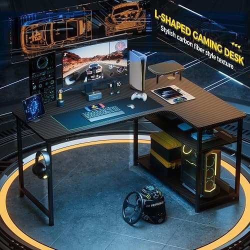 GTRACING L Shaped Gaming Desk, Carbon Fiber Style Computer Desk Compatible with Monitor Arm Storage Shelves Corner Desk Gaming Table for Home Office Desks Easy to Assemble Adjustable Shelf Height thumbnail 2