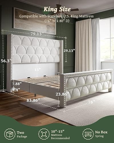 OHOHOLIVE King Size Bed Frame with 56" Headboard - Velvet Upholstered Wingback Platform Bed Frame, Noise Free, Sturdy Wooden Slat Support (Cream, King) thumbnail 2