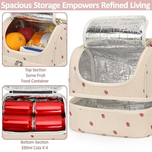 Vankor Corduroy Lunch Box Kids Insulated Lunch Bag Double Decker, Cute Leak-Proof Lunch Box for Boys Girls, Portable Cooler Lunch Bag Thermal Lunch Tote for School Picnic Travel, Beige Strawberry thumbnail 6