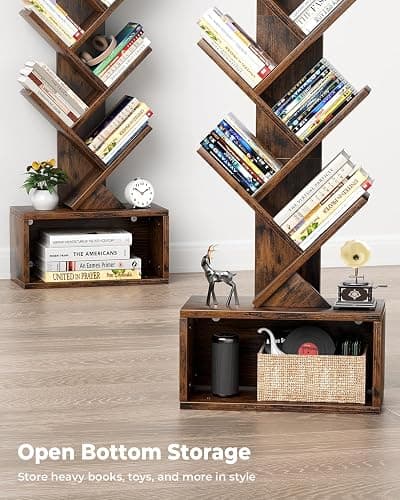Evermagin Tree Bookshelf with Light, 6 Tier Small Bookcase, Narrow Floor Standing Book Tower Organizer with Storage Cabinet for Living Room, Bedroom and Home Office, Rustic Brown thumbnail 5