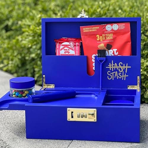 The OG Storage Box - Large Bamboo Box with Combination Lock, Magnetic Lid, Organizer Tray, Airtight Tube and 3 Jars - Discreet Decorative Locking Wooden Box with Accessories (Royal Blue/Gold) thumbnail 2