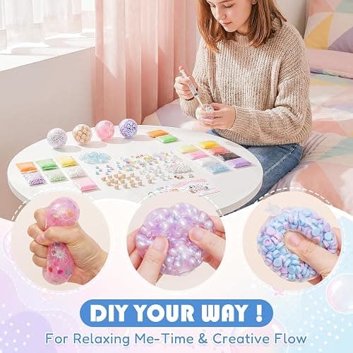 Lomantank DIY Stress Ball Making Kit, 12 TPR Skins in 4 Shapes, 26 oz Assorted Fillers, Slime, Clay, Vacuum Tool & Cable Ties, ASMR Squishy Maker for Handmade Stress Balls Creative Craft Gift thumbnail 7