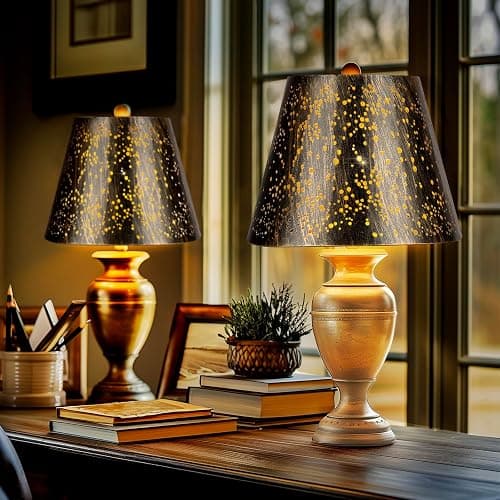 Etched Starlight 𝐌𝐞𝐭𝐚𝐥 𝐋𝐚𝐦𝐩 𝐒𝐡𝐚𝐝𝐞𝐬 𝐬𝐞𝐭 𝐨𝐟 𝟐 Top 6‘’ Bottom 10‘’ Height 7.5" Barrel Shade Lampshades Fits Most Table Lamp and Floor Lamp Spider Outer Bronze and inner Gold thumbnail 2