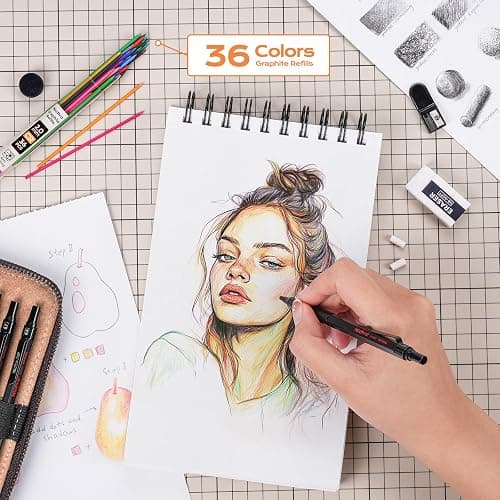 Nicpro 45PCS Black & Silver Metal Mechanical Pencil Set in Leather Case, Art Drafting Pencil 0.5, 0.7, 0.9 mm, 2mm Lead Holders for Sketching Drawing With 27 Tube (6B 4B 2B HB 2H 4H Colors)Lead Refill thumbnail 2