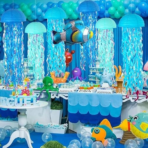 ADLKGG 10" Jellyfish Paper Lanterns Lamps - Gradient Blue Under the Sea Party Decorations for Mermaid Theme Birthday, Beach Baby Shower, Pre-Assembled Classroom & Ocean Decor, 6 PCS thumbnail 5