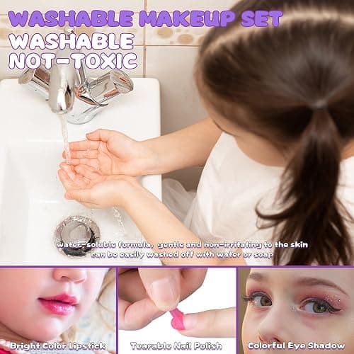 54 Pcs Kids Makeup Kit for Girls, Princess Real Washable Pretend Play Cosmetic Set Toys with Mirror, Birthday Gifts for 3 4 5 6 7 8 9 10 Years Old Girls Kids (Purple) thumbnail 6