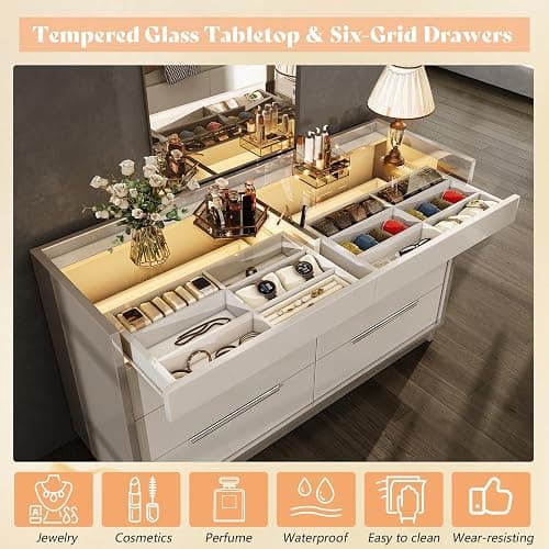 AMERLIFE 47.2" W 8-Drawer Dresser with Glass Top, High Gloss, Cream & Grey | Wide Dresser, 2 Jewelry Drawers, LED Lighting, Spacious Storage Chest, Bedroom Organizer thumbnail 3