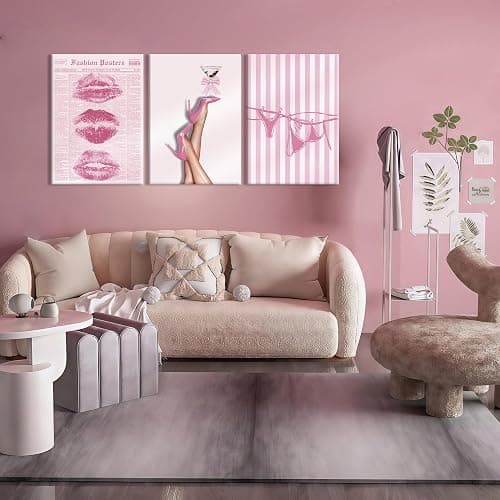 3Pcs Trendy Coquette Wall Art Pink Lips Bikini & Bow Heels Wall Decor Pictures Vintage Martini Newspapaer Canvas Posters Prints for Y2K Girly Room Dorm Apartment Preppy Aesthetic Decor 16x24in thumbnail 3